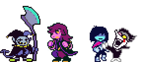 Jevil dances with Susie's ax. She fails to grab it. Spamton takes ahold of Kris, yelling away.
